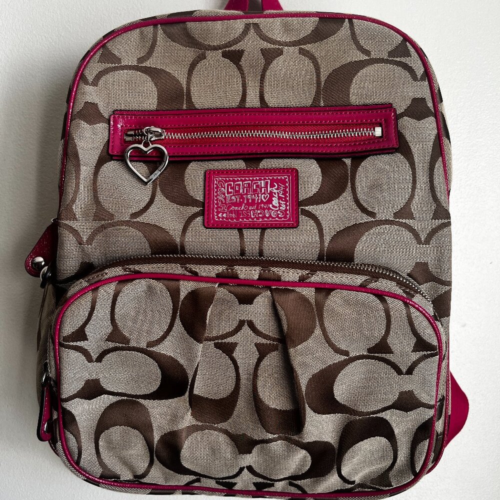 Coach Pink Leather and Brown Canvas Monogram Backpack